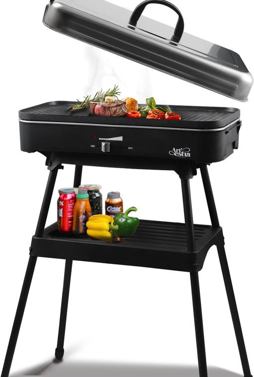 1800W Electric Outdoor Grills with Lid Indoor Smokeless Grill for Balcony with Temperature Control Portable Removable Stand Grill for Cooking, BBQ Party, Family