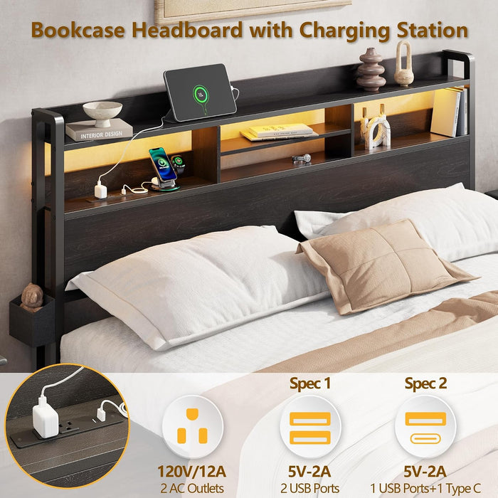 Full Size Bed Frame with Headboard and Charging Station,2 Drawers
