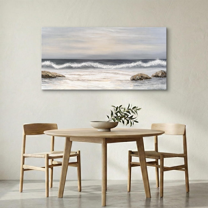 Coastal Seascape Canvas Wall Art, Neutral Blue Grey Ocean Waves Wrapped Canvas Print, Large Horizontal Wall Decor for Living Room above Sofa, Ready to Hang, 48 X 24 Inch