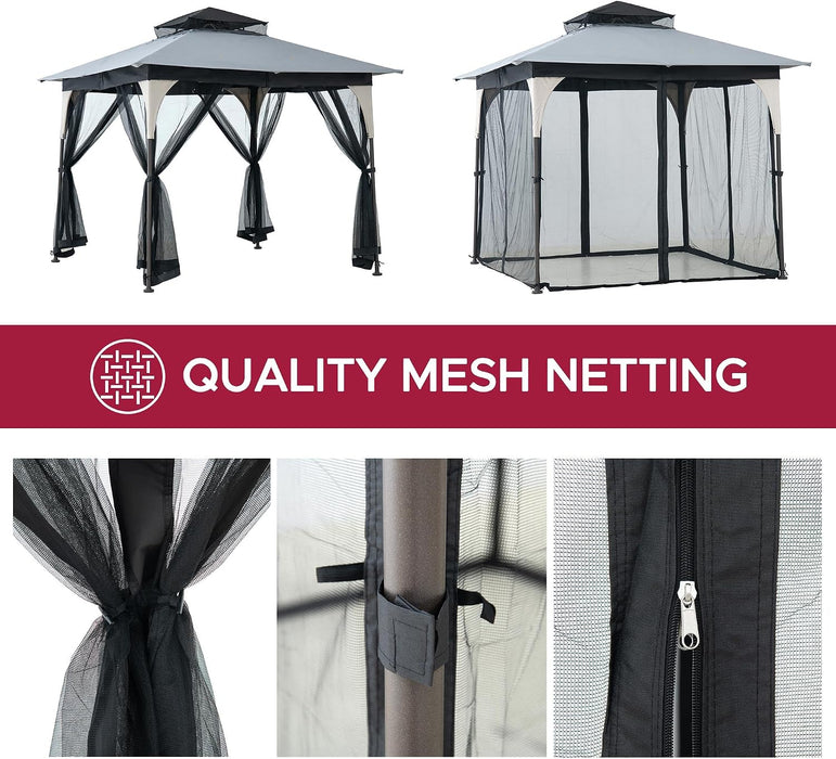 9 Ft. X 9 Ft. Gazebo with 2-Tier Canopy Roof, Steel Frame Soft Top Gazebo with Ceiling Hook and Mosquito Netting, Tan and Black