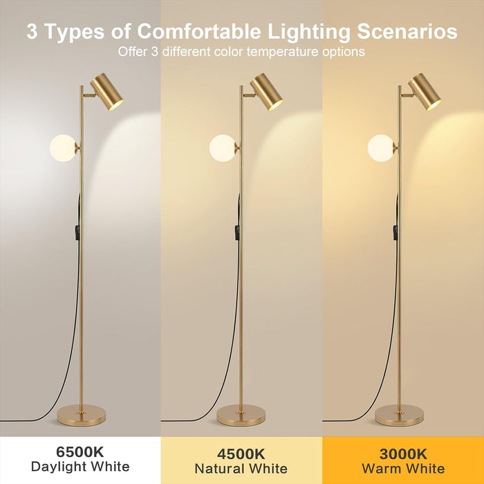 Gold Brass Brushed Floor Lamp, 3-Color Dimmable Bulb, 63" Tall