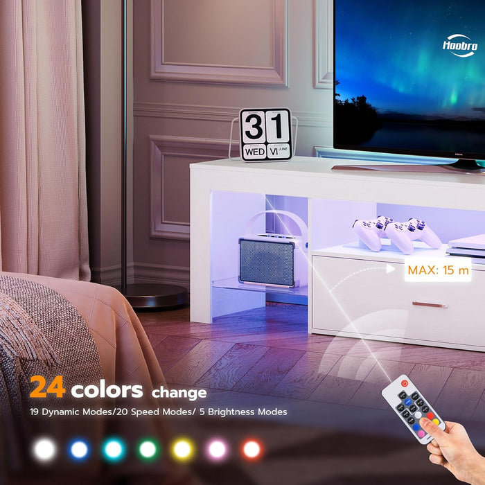 LED TV Stand with Power Outlets to 65 Inch TV, Gaming Entertainment Center with Glass Shelves and Large Drawer, Modern Media TV Console Table for Living Room Bedroom, White WT14UDDS01