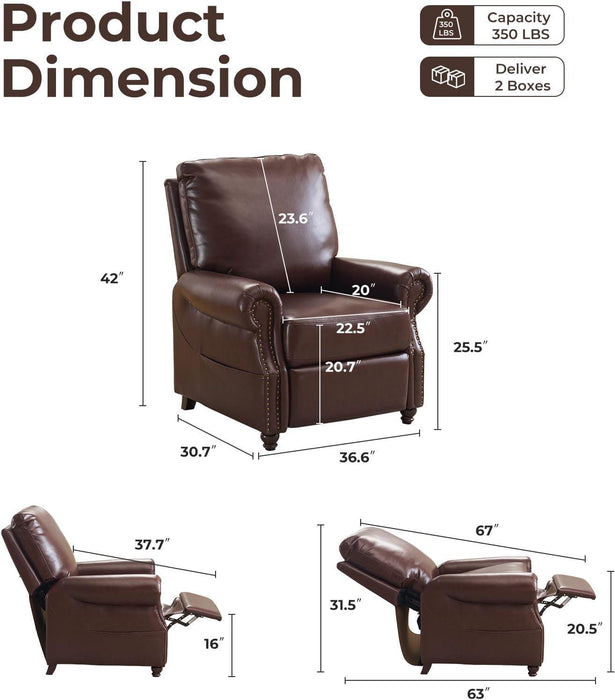 Pushback Recliner Chair with Massage and Heat, Breathable Leather Recliner Chair with Overstuffed Backrest, Recliner with Rivet Decoration, Single Sofa Accent Chair for Living Room, Brown