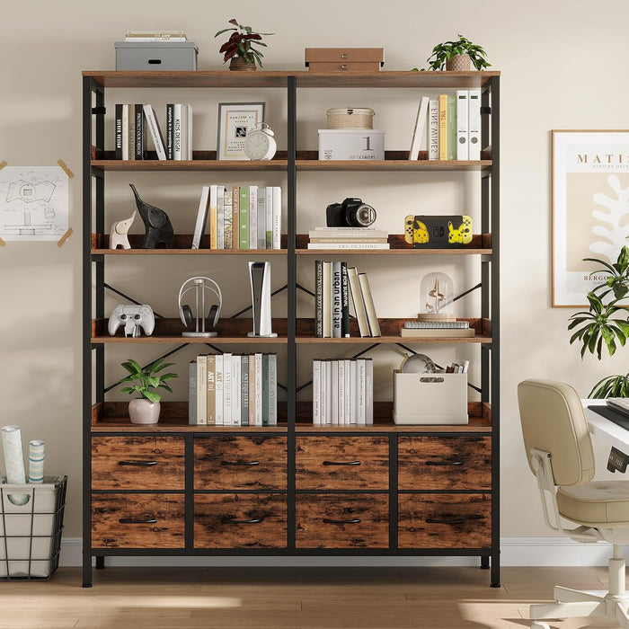 Industrial Seven Tier Bookshelf With Fabric Drawers