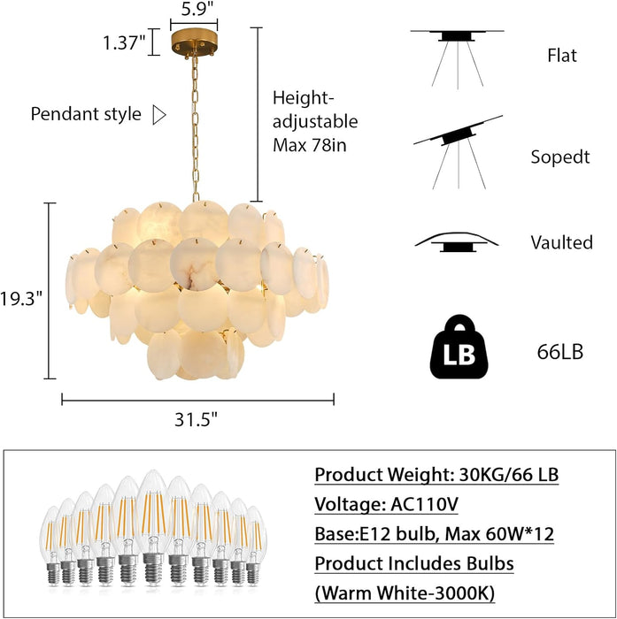 Natural Alabaster round Chandelier, 31.5" Modern Marble Chandelier with 50 Stone Texture Panels, 12-Light Dimmable Spanish Alabaster Chandeliers for Living Room, Dining Room, Hallway