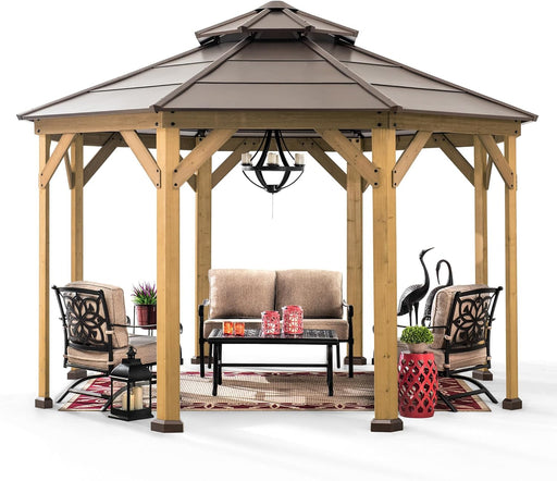 Ion Collection 13 X 13 Ft. Cedar Framed Octagon Wood Gazebo with Brown Double Tiered Steel Hardtop Roof and Ceiling Hook for Garden, Backyard Shade