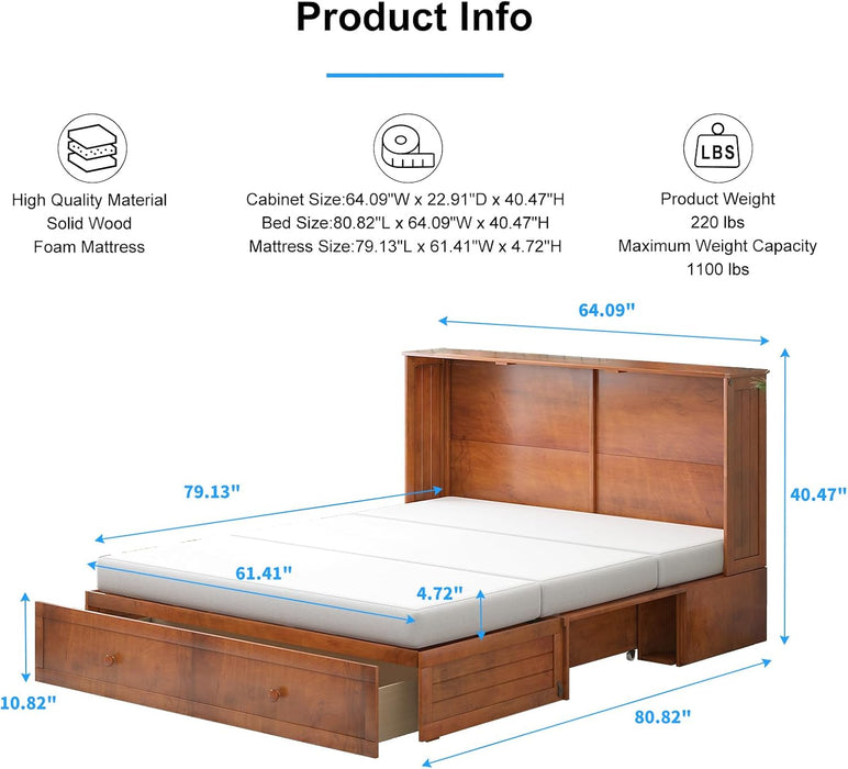 Queen Murphy Bed Cabinet With Mattress USBChargingPort