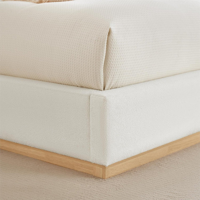 Upholstered Queen Size Bed Frame, Boucle Fabric Platform Bed Mattress Foundation Noise-Free No Box Spring Needed Easy Assembly
