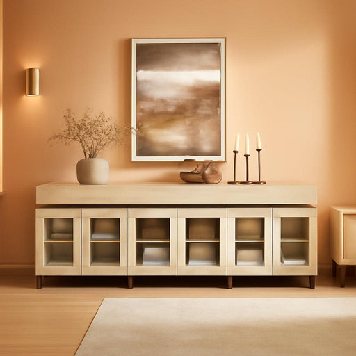 Multifunctional Sideboard Buffet Cabinets with 6 Glass Doors and 3 Drawers, Modern Sideboard Credenza Coffee Bar Storage Cabinet for Living Room, Kitchen, Light Oak