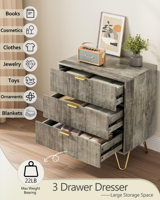 Grey Dresser for Bedroom, Modern Fluted 3 Drawer Dresser with Storage, Dresser Chest of Drawers with Gold Handles for Bedroom, Living Room, Closet, Hallway, 15.8" D X 23.6" W X 27.6" H
