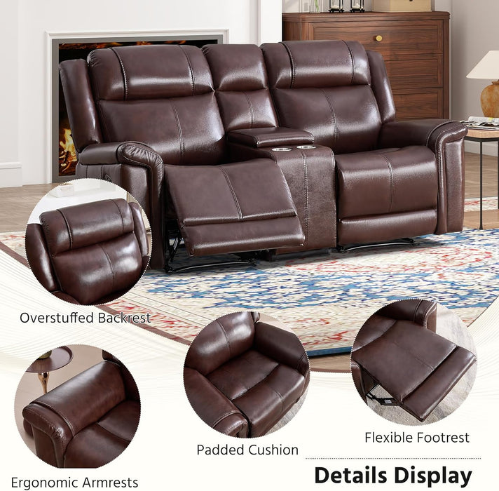 Geniune Leather Manual Loveseat Recliner Sofa Set of 2 with Center Console, Overstuffed 2-Seater Reclining Couch with Hidden Storage & Cup Holders, 2 Dual Recliner for Living Room, Rust Brown