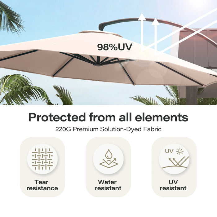 11FT Deluxe Patio Umbrella with Base, Large Cantilever Curvy Umbrella with 360° Rotation, Champagne