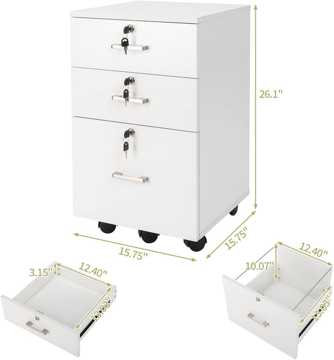 White Mobile File Cabinet, 3 Drawers, Lock