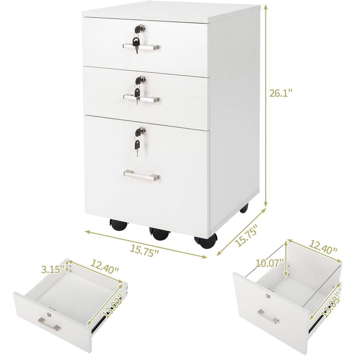 White Mobile File Cabinet, 3 Drawers, Lock