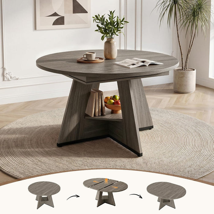 47.24"-63" Extendable round Dining Table for 4-6, Expandable round to Oval Kitchen Dining Table with Hidden Extension Leaf, Storage Shelf, Modern Wood Dining Room Table for Home & Apartment