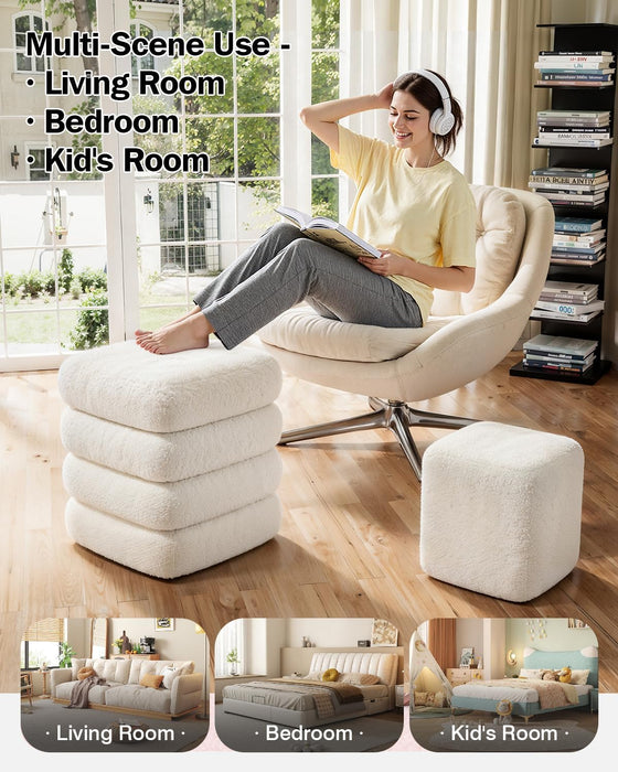 Square Set of 2 Sherpa Nesting Storage Ottoman Stool Boucle Vanity Stool Footstool with Removeable Lid Load up to 440 Lbs for Livingroom Bedroom White UASND69W