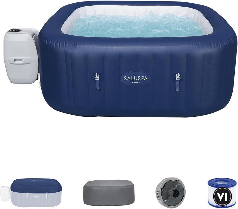 Saluspa Hawaii Airjet 4 to 6 Person Inflatable Hot Tub Square Portable Outdoor Spa with 140 Airjets and Energysense Energy Saving Cover, Blue