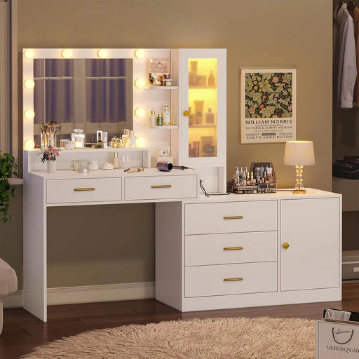 White Makeup Vanity with Lights Vanity Desk with Mirror Large Vanity Table Set with Drawer Dresser Charging Station & Cabinets