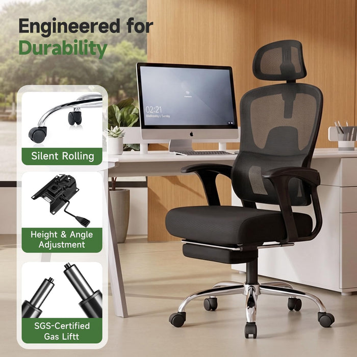 Ergonomic Office Chair with Footrest, 90-145° Reclining Desk Chair