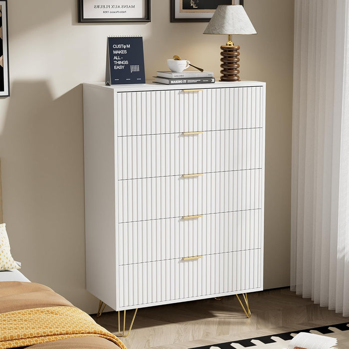 White Contemporary Fluted Dresser Featuring Gold Pulls