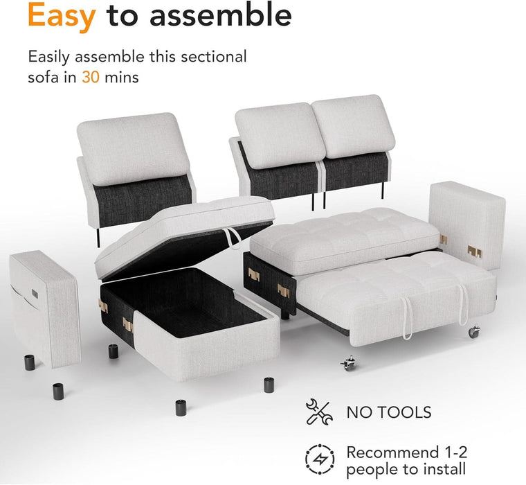81" Sectional Sleeper Sofa with Pull Out Bed, L Shaped Sleeper Sofa, Pull Out Couch with Reclining Backrest, Reversible Storage Chaise, USB Ports, Tool-Free Assembly, Chenille Beige