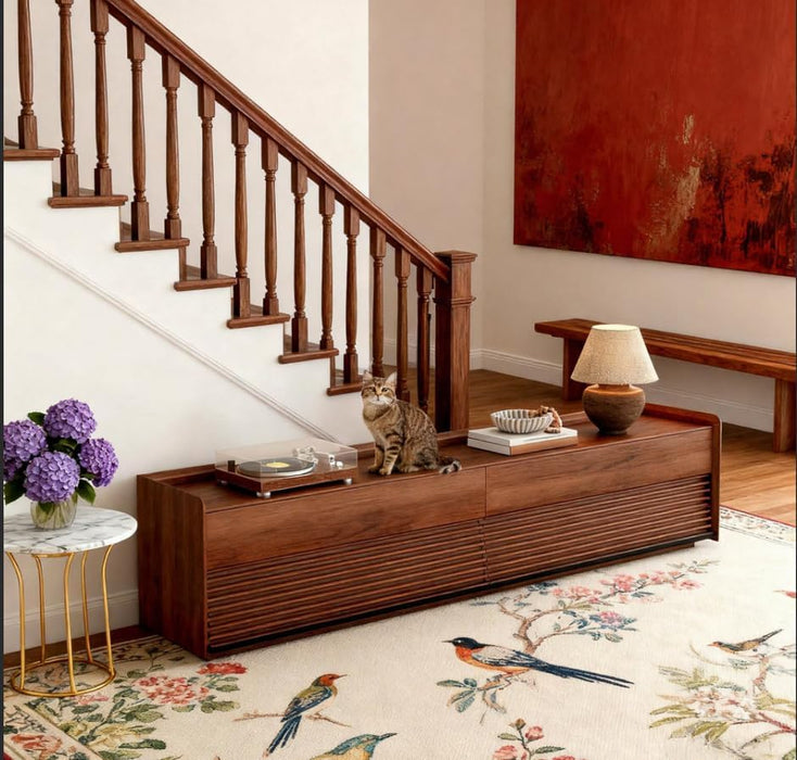 Fully-Assembled Mid Century Modern TV Stand, 94.49" Wood Media Console with Adjustable LED Light, Entertainment Center with Storage for Living Room