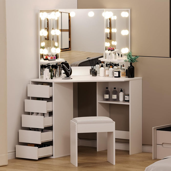 Corner Vanity Desk With Illuminated Folding Mirrors