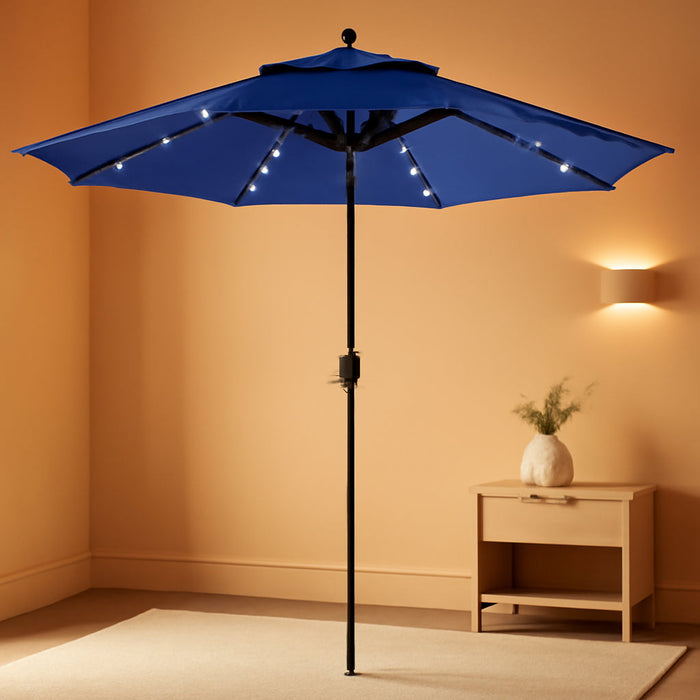 Outdoor Solar Patio Umbrella 3 Tiers with 32 LED Lights, Beach Market Table Umbrella with Crank and 8 Sturdy Ribs for Pool, Terrace, Restaurant