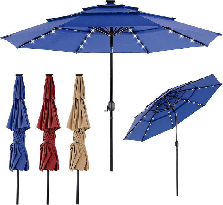 Outdoor Solar Patio Umbrella 3 Tiers with 32 LED Lights, Beach Market Table Umbrella with Crank and 8 Sturdy Ribs for Pool, Terrace, Restaurant