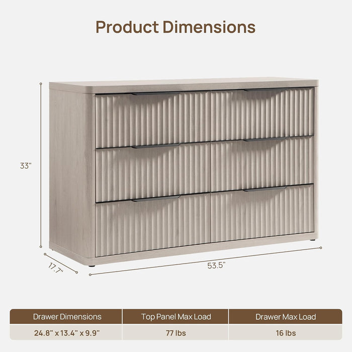 Bedroom Dresser with 6 Deep Wide Large Fluted Drawers for Closet