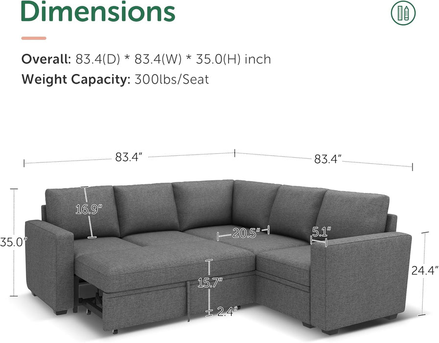  Dark Grey Sectional Sofa Bed Modular, L-Shaped, Storage