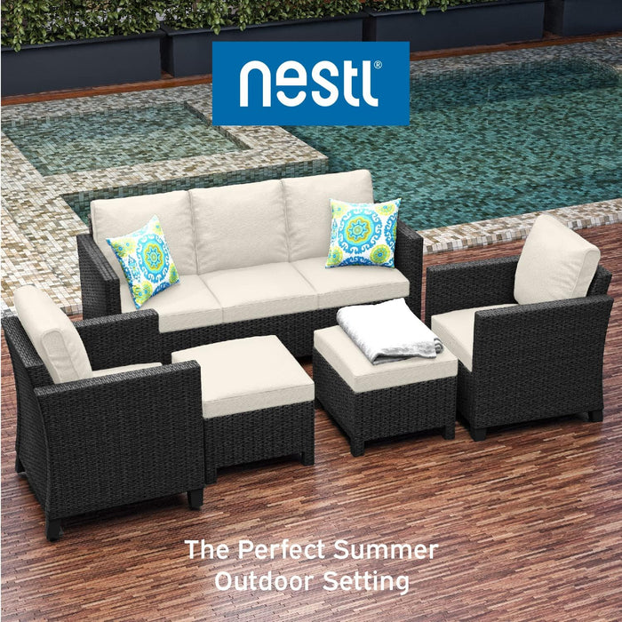 Patio Furniture Set - Outdoor Patio Furniture Sets, Patio Sectional Furniture Set, 5 Piece Patio Furniture Sets, Patio Conversation Sets, Black Wicker Patio Furniture with off White Cushions