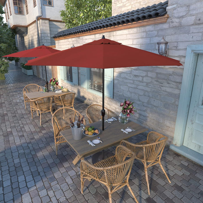 9' Rd Sunbrella Aluminum Patio Umbrella, Crank Lift, Auto Tilt, Bronze Pole, Jockey Red