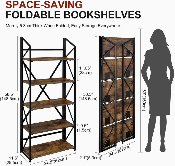 5 Tier Folding Bookshelf, No Assembly Foldable Storage Shelves, Brown