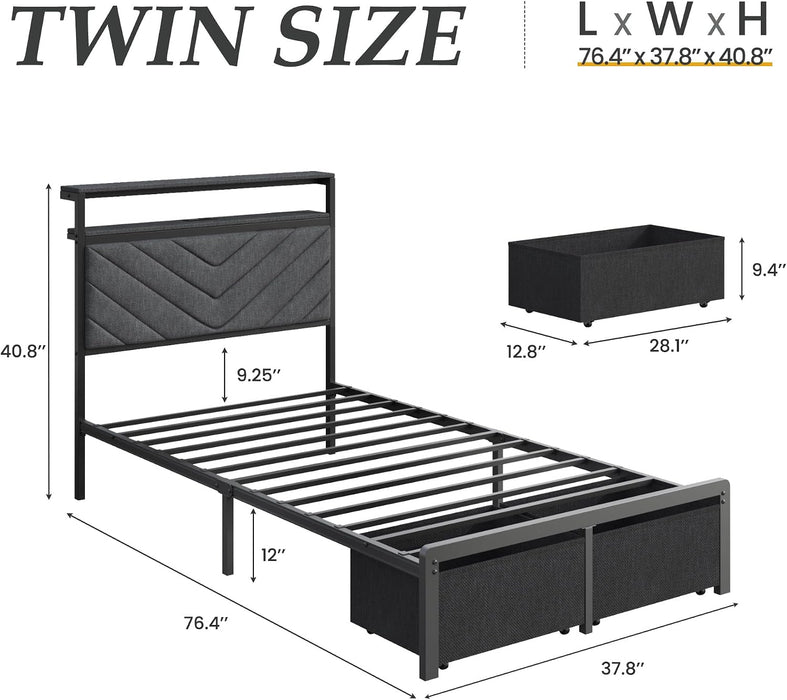 Twin Bed Frame with Storage Drawers, Upholstered Headboard with Charging Station, LED Lights, Fabric Drawers with Wheels, under Bed Storage, No Box Spring Needed, Easy Assembly, Grey
