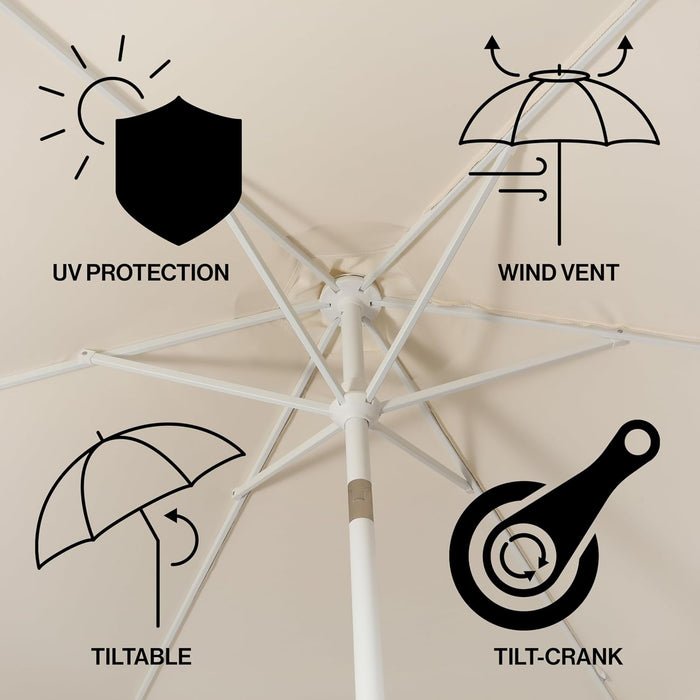 UMB1001 Collins 9 Ft. Classic Cottage Tassel Market Patio Umbrella with Auto-Tilt, Crank, Wind Vent and UV Protection