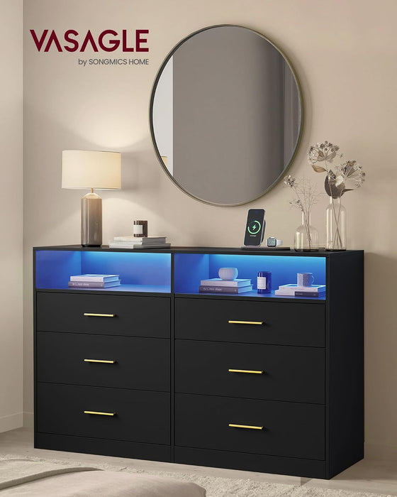 Dresser for Bedroom, with LED Lights and Power Strip, 6 Drawers