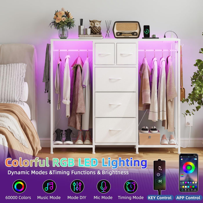 49.2“W Dresser with 2 Hanging Racks, 5 Drawers Dresser with LED Lights & Charging Station, Dressers TV Stand with Clothes Rack, Shoe Racks and Side Hooks, Chest of Drawers for Bedroom, White