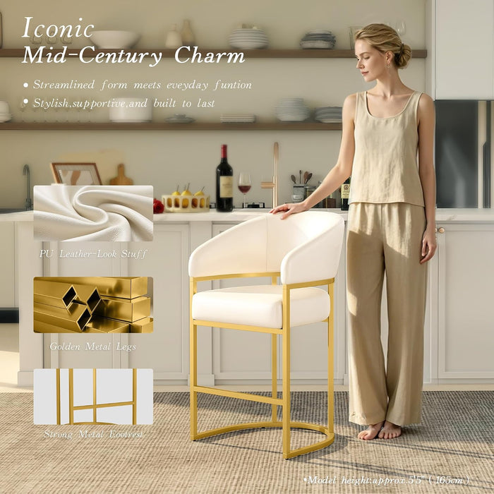 Modern Counter Height Bar Stools,Bar Stools Set of 3,PU Leather Upholstered Barrel Barstools with Backs,26" Kitchen Island Chairs,Metal Gold Frames,Support 480 Lbs,Beige White Leather