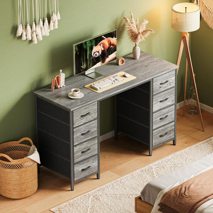 47 Inch Computer Desk with 8 Drawers, Office Desk Work Desk for Home Office, Study, Gaming Desk with Fabric Drawers, Large Storage, Grey