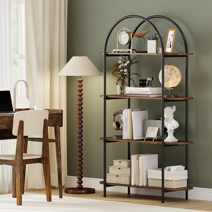 Arched Bookshelf, 4-Tier Industrial Open Bookcase with Sturdy Metal Frame, Freestanding Display Storage Organizer for Living Room, Home Office and Bedroom, Rustic Brown