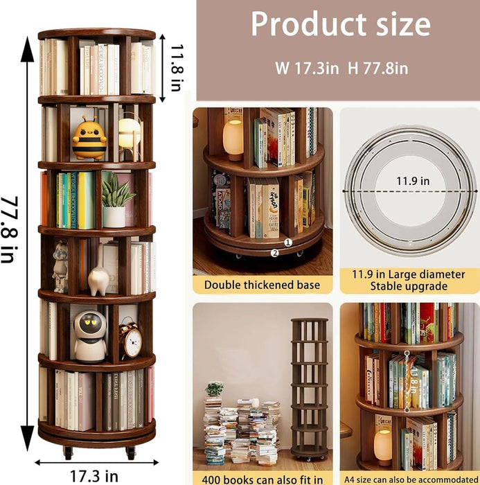 6 Tier Rotating Bookshelf 360° Solid Wood Spinning Book Shelf Tower on Wheels Rolling Revolving Bookcase for Small Spaces, Corner, Bedroom, Kids Room, Office — Walnut