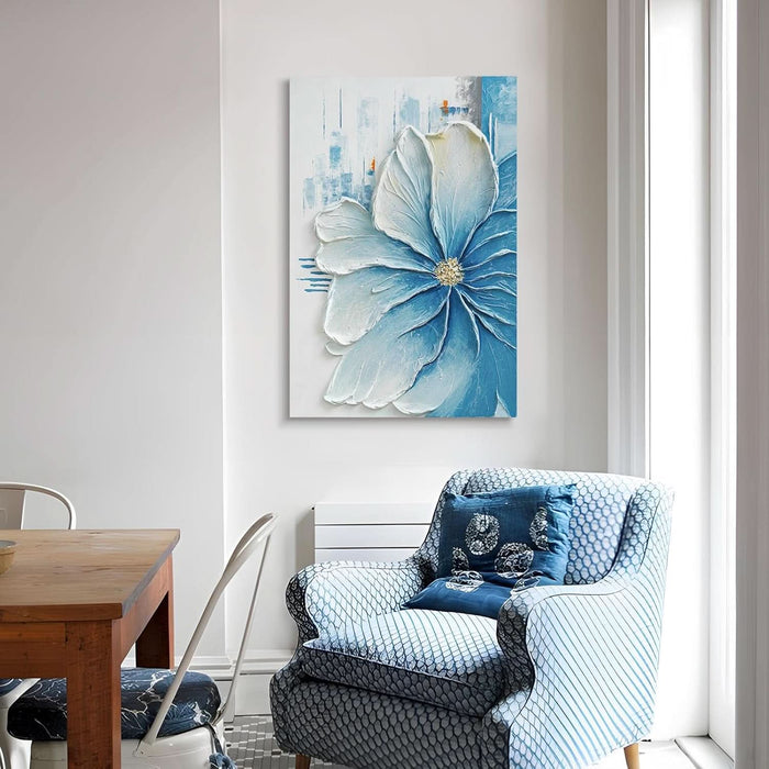 Hand-Painted Blue Floral Canvas Wall Art, 24X36 in Thick Textured Abstract Oil Painting, Vertical Modern Artwork for Living Room, Bedroom, Office, Large Original Wall Decor