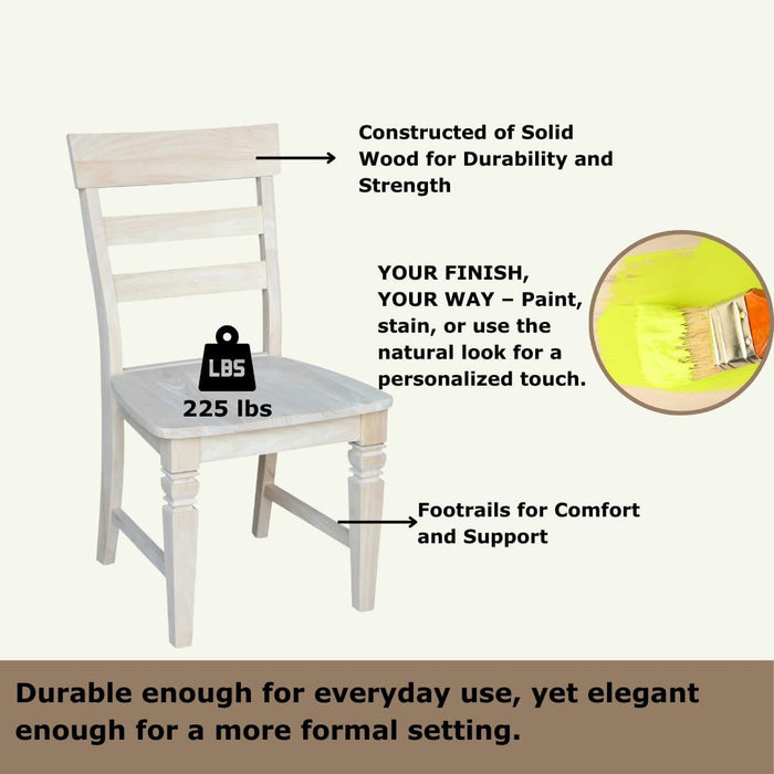 Set of Two Java Dining Chairs Seats 225Lbs Wt Capacity, Solid Real Wood, Sturdy Parawood, 19.7"W X 22"D X 36.6"H, DIY, Paint/Stain Ready, Unfinished