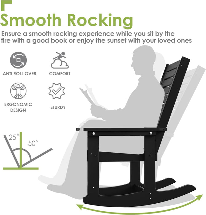 Outdoor Rocking Chairs | Set of 2 | Porch Rocker | HDPE Plastic | Black | Oversized Rockers | High Back | Big & Tall | Ladder Back | for Patio outside Backyard Balcony Garden