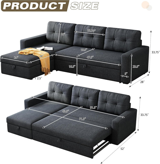 Dark Grey Sectional Sofa Bed L-Shaped, 81.5", Storage