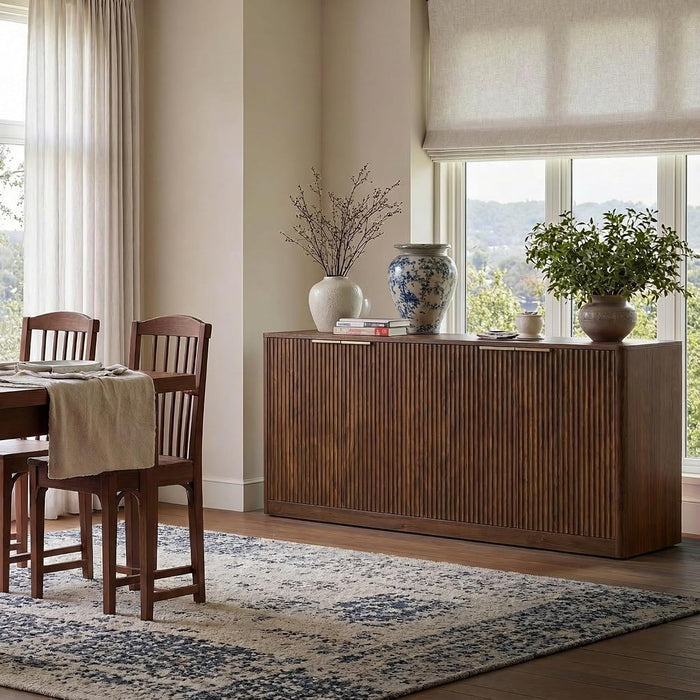 59" Fluted Buffet Cabinet Sideboard with Storage, Large Credenza with 4 Doors, 2 Adjustable Shelves, Wood Mid Century Modern Sideboard for Kitchen and Living Room, Walnut Brown