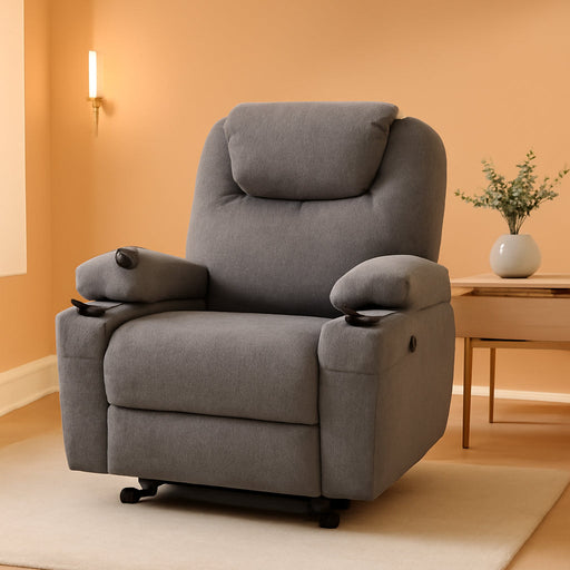 Small Power Lift Recliner Chair Sofa with Massage and Heat for Petite Elderly, 3 Positions, Cup Holders, and USB Ports, Extended Footrest, Fabric 7141 (Grey)