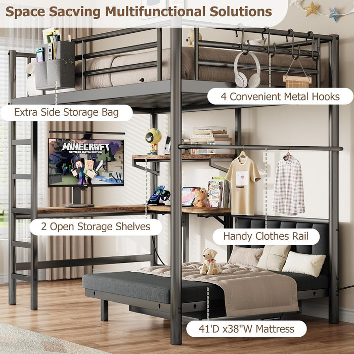 Twin Loft Bed IndustrialFrame WithDeskAndStorage Mattress