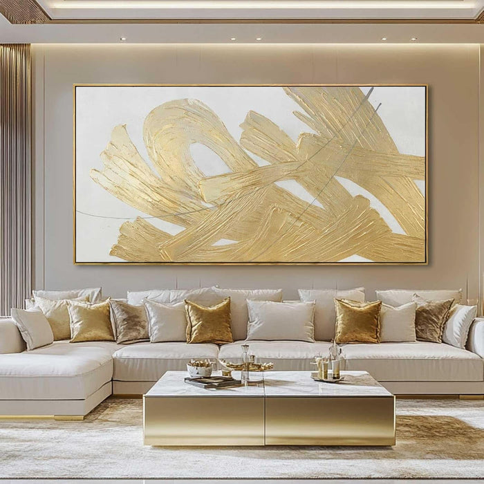 White and Gold Wall Painting Neutral Wall Decor Modern Abstract Wall Art Minimalist Art 29"X58" Artwork for Living Room Kitchen Dining Room